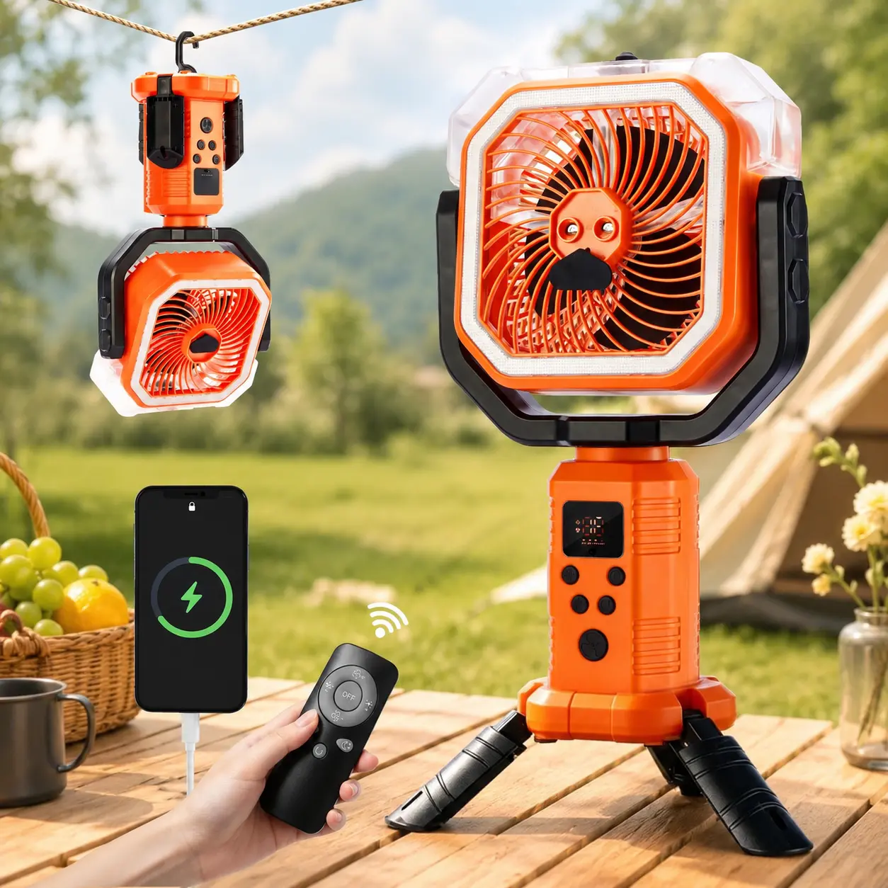 Qawtor Portable Camping Misting Fan, 2026 Upgraded Rechargeable Outdoor Fan with LED Light, Cooling Spray, Tripod, Hanging Hook, Telescopic Stand, Digital Display & Multi-Speed Airflow | Deals For You Days tiktokshopbacktoschool, Portable Charger, Fan For