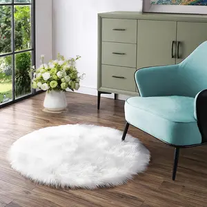 White Round Rug 3ft Faux Sheepskin Fur Fluffy Circle Rug for Living Room Washable Rug for Bedroom Teen Room Dorm Cute Room Rug