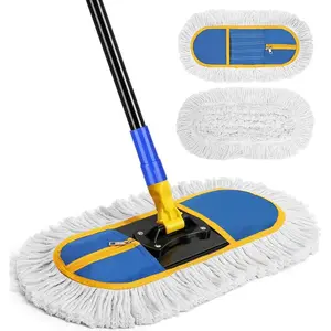 Hand-Operated TRAIL RECKONING 16-in Commercial Cotton-Metal Dust Mop Set - Rotatable Industrial Wet-Dry Broom with 2 Washable Pads for Hardwood Floors, Warehouse Cleaning (Blue)