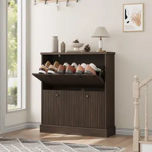 Garvee Slim Shoe Cabinet with 2 Ribbed Flaps, Shoe Tilt Cabinet with Adjustable Shelves and Metal Handles, Hallway Cabinet with 2 Drawers, for Living Room and Hallway, 80 x 25 x 90 cm