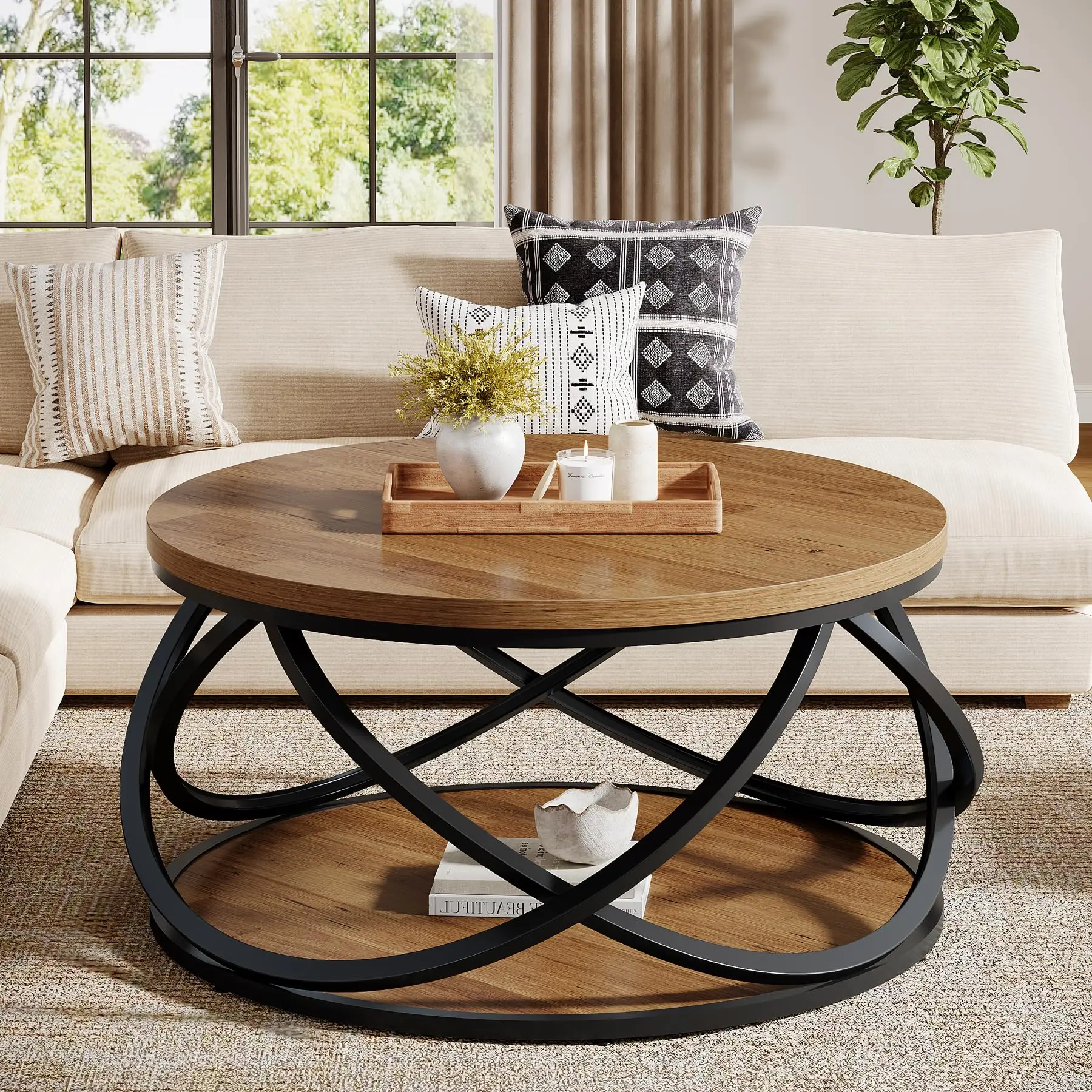 Tribesigns 2-Tier Coffee Table Circle Center for Living Room with Storage
