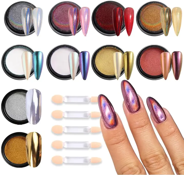 Chameleon Chrome Nail Powder, 10 boxes Pink Purple Aurora Chrome Powder, Gold Silver Holographic Nail Powder, Metallic Mirror Pigment for Nails, Rubbing Dust Manicure Glitter Set