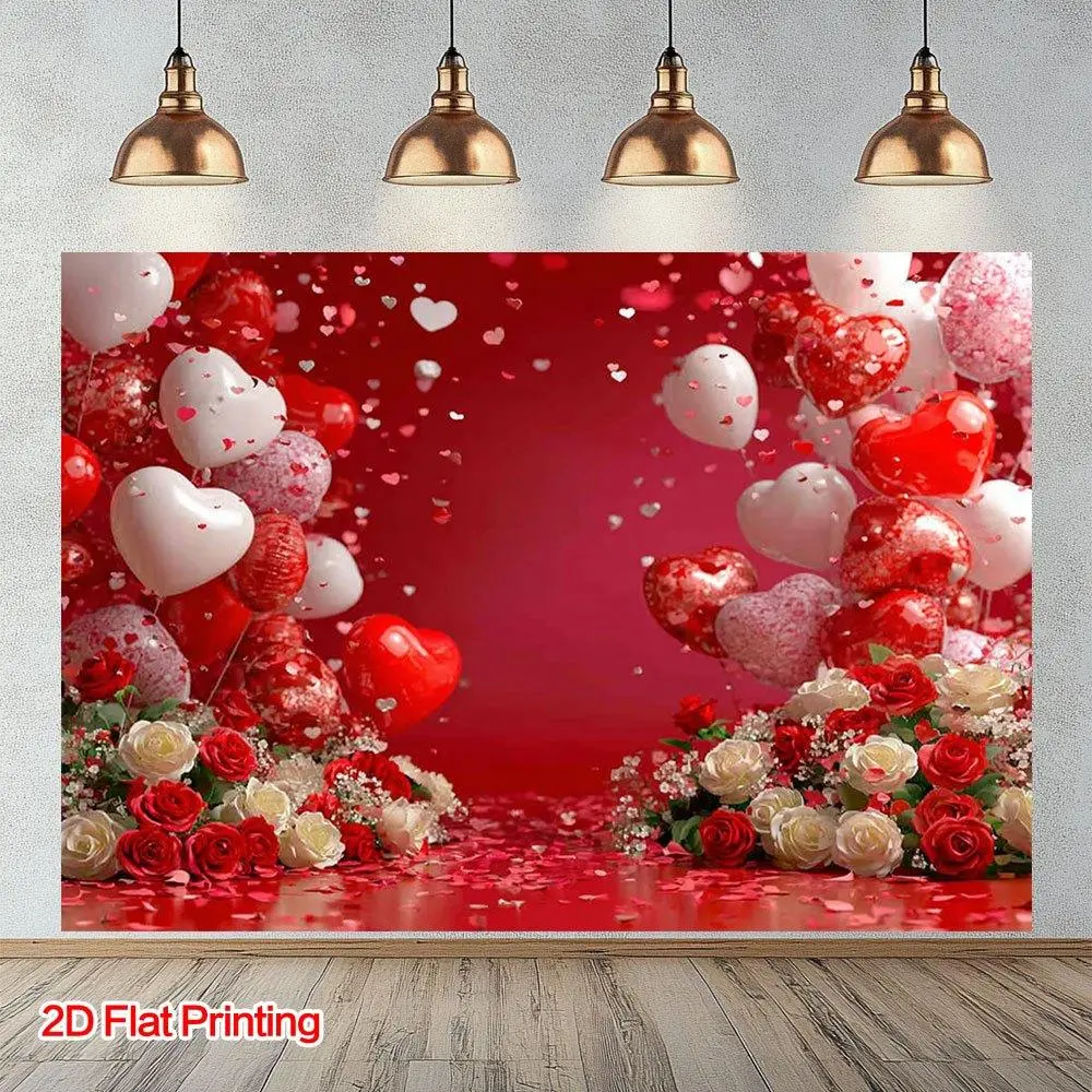 1PC 2D Flat Polyester Valentine's Day Backdrop - Romantic Love Heart Balloons, Rose Flowers Decor, Reusable Photo Booth Background, Party Decorations Banners, Red Holiday Supply for Birthday, Christmas Events