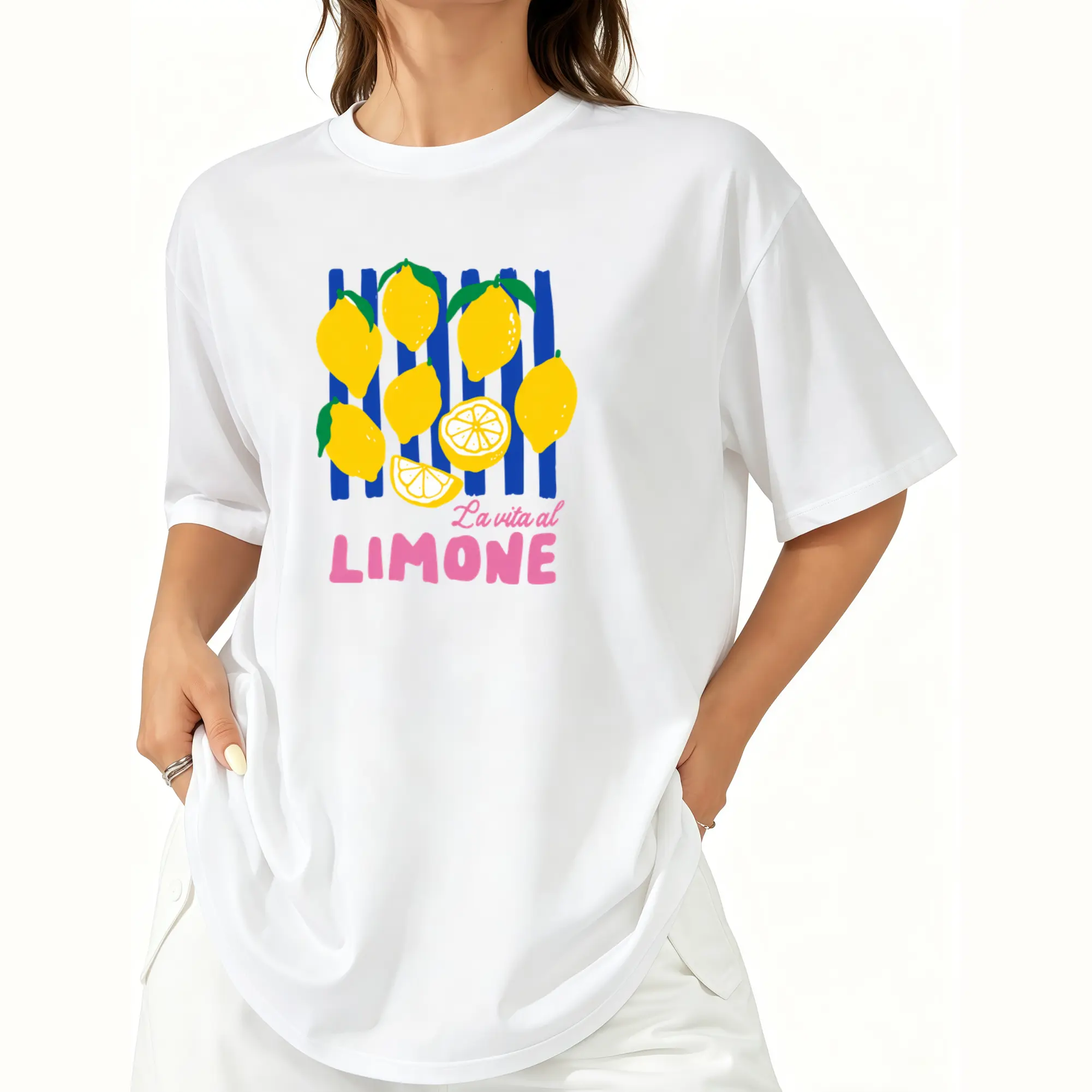 Women's Cotton Breathable Printed T-Shirt - White Base with Purple Stripes, Yellow Lemon Print, Vibrant Summer Style Tops, Ideal for Daily Wear, Beach Outfits