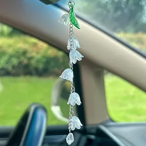 Carsona Flower Car Hanging Ornament, Lily-Of-The-Valley Rearview Mirror Decor, Rainbow Bellflower Acrylic Leaf Pendant, Cute Gift for Women, Car Decoration