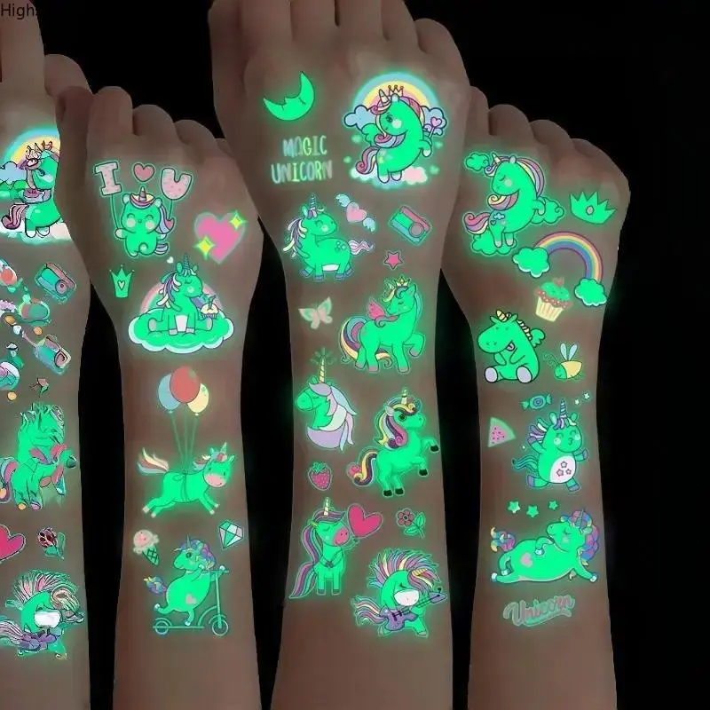 Kids' Whimsical Unicorn Temporary Tattoos - 15-Pack Oblong Set, Waterproof, Durable, Glow-in-the-Dark Fashion Accessory for Party, Birthday Celebrations, Note: Choking Hazard