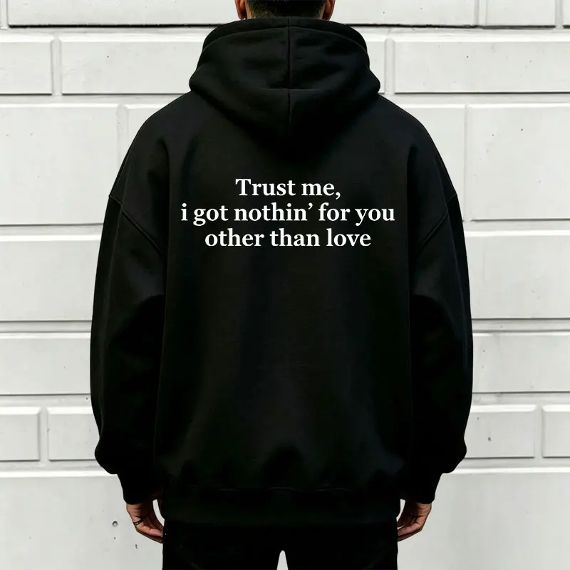 Minimalist men's oversized casual pullover hoodie with an English slogan print on the back