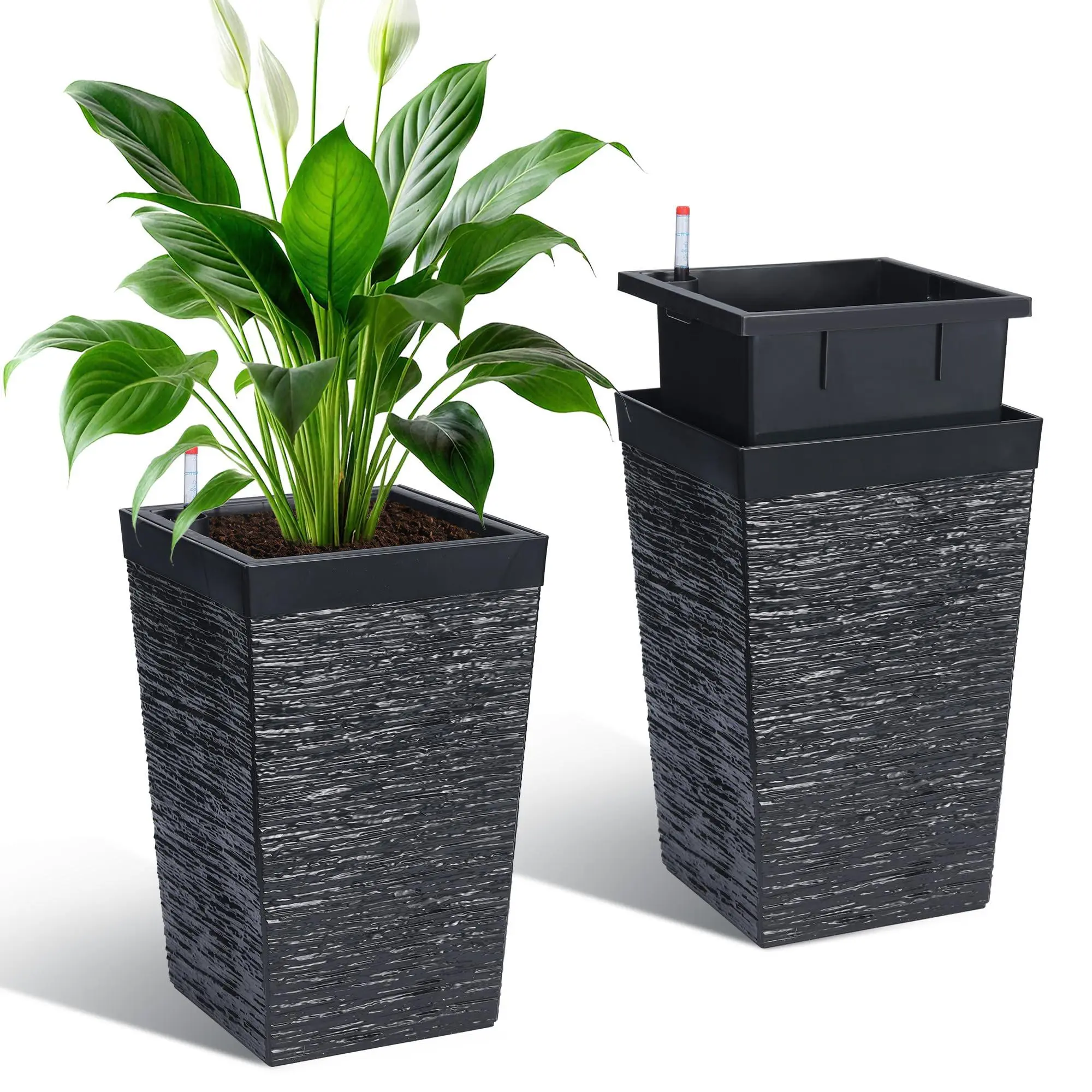 16" Tall Planters Set of 2, Self-Watering Outdoor & Indoor Plant Pots with Drainage Holes, Water Level Monitor & Built-in Handle, Large Garden Planters for Patio Porch Decor, Black