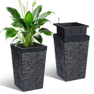 16" Tall Planters Set of 2, Self-Watering Outdoor & Indoor Plant Pots with Drainage Holes, Water Level Monitor & Built-in Handle, Large Garden Planters for Patio Porch Decor, Black