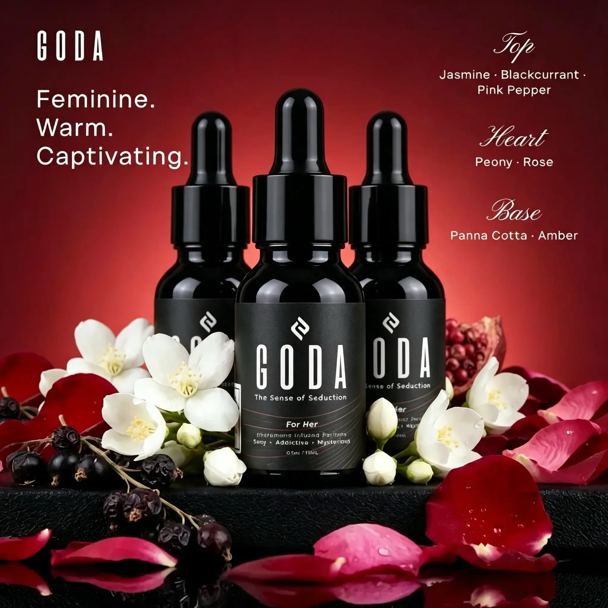 Goda Women's Pheromones Fragrance Oil - 15ml Light Oil with Jasmine & Rose, Long-Lasting Sweet & Spicy Aroma, Vegan, Cruelty-Free, Pheromones Perfume for Women (Apply Drops), Vegan Safe