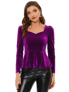 INSPIRE CHIC Velvet Blouse Vintage Elegant Sweetheart Neck Long Sleeve Peplum Top