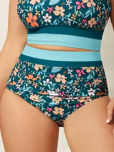 BLOOMCHIC Plus Size High Waisted Bikini Bottoms - Mom's Tummy Control Bathing Suit, 2026 Women's Floral Print Color Contrast Polyester Blend Skinny Cut Swimwear [M-6X] 2026 Summer Vibes Swimweek
