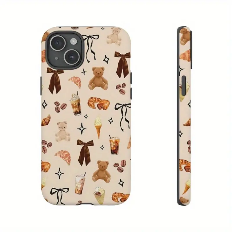 This durable, shock-absorbing matte 2-in-1 phone case features a bear coffee lover collage pattern and is suitable for iPhone 17, 15, 14, 13, 12, 11, and X series models. It can be given as a holiday gift to friends or family.