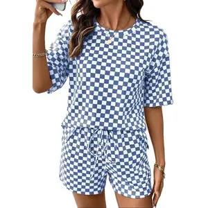 Womens Checkered 2 Piece Outfit Short Sleeve Round Neck Top and Drawstring Shorts Casual Daily Loungewear Set