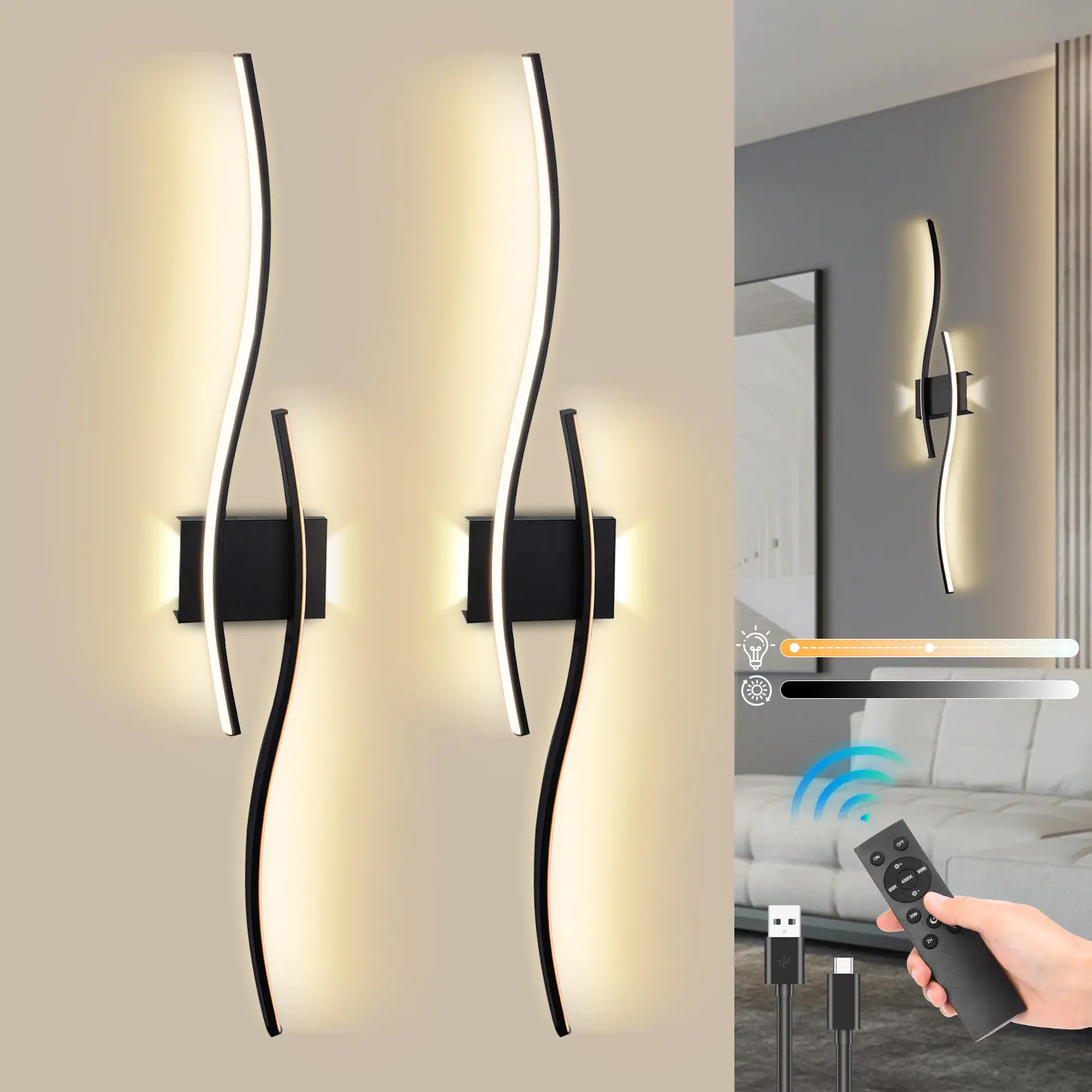 2Pcs Rechargeable Wall Lights Set of 2 100cm Wireless with Remote Control Stepless Colors 3000K-6000K Dimming Modern Touch Sconces for Living Room Bedroom Hallway Dimmable Wall Lamp Home Decoration Lamp, Wall Sconces