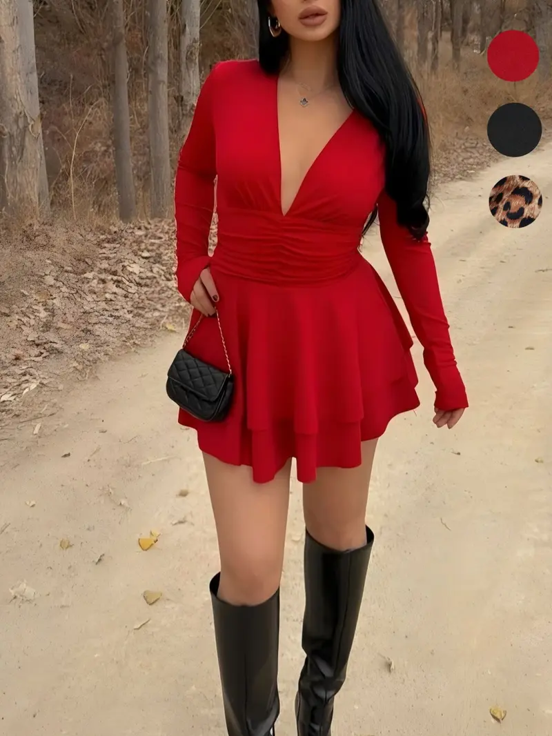 chinese dress ladies Edmone Long Sleeve Mini Dress | Red | Womens main image 1