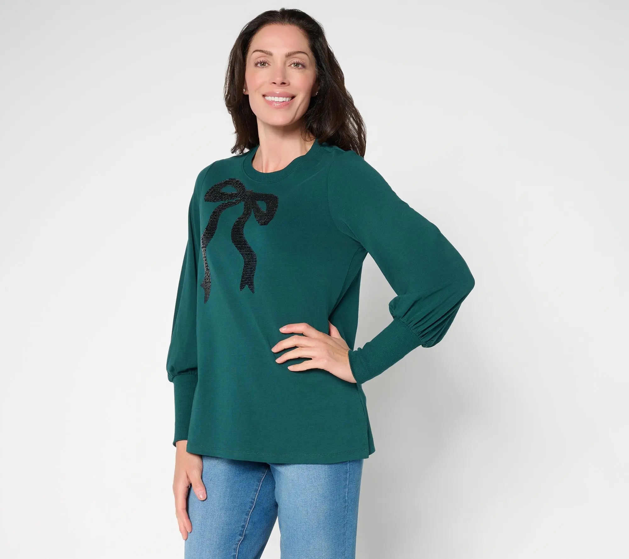 Jingle Belles by Kim Gravel TripleLuxe Knit Bow and Behold Sequin Top