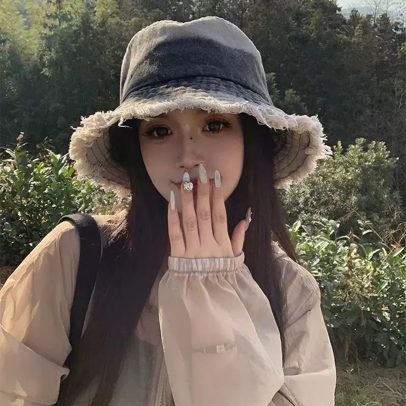 Japanese Retro Denim Fisherman's Hat for Women Summer Style Oversized Headband Bucket Hat Distressed Finish Sun Protection Face-Slimming Effect