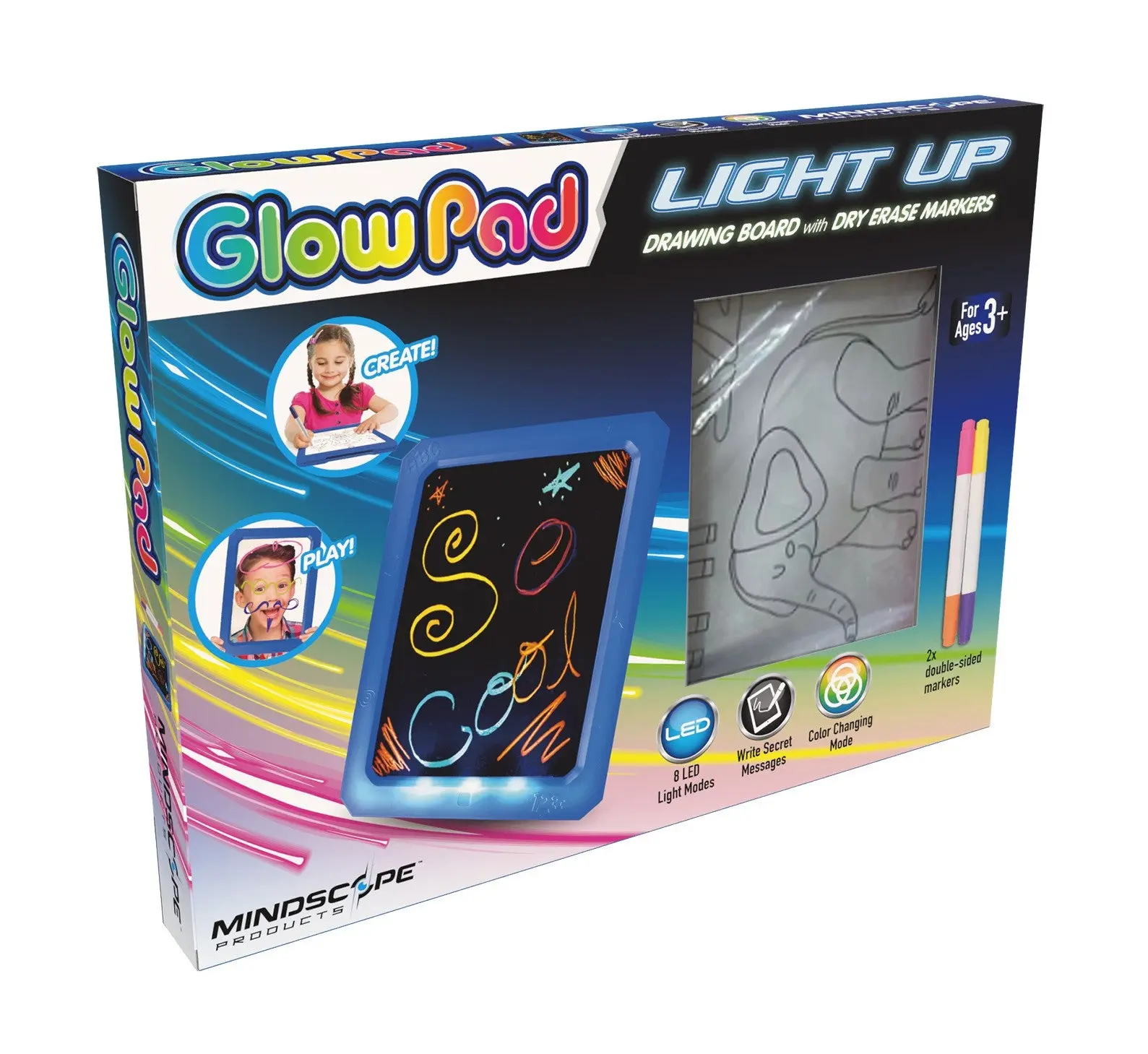 LED Light Up Glow Pad Dry Erase Board - Blue Neon Markers Glowing Art