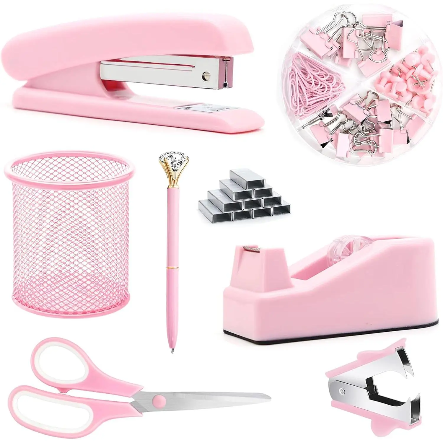 Girly Aesthetic Pink Office Stationery Set - Stapler, Staple Remover, Tape Holder, Pen Holder, Ballpoint Pen, Scissors, Binder Clips, Paper Clips, 1000-Count Staples for Desk Accessories, Girly Office Supplies, Aesthetic Office Supplies