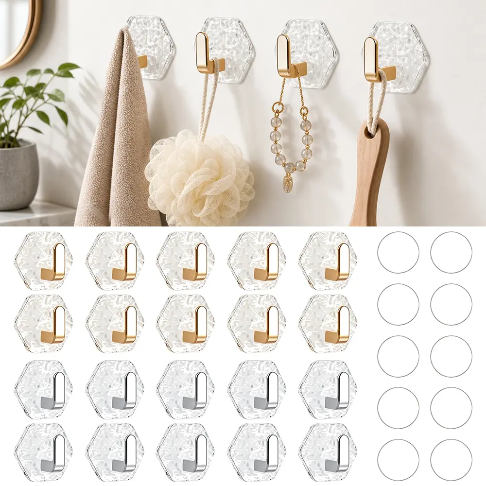 20 pcs Pack Self Adhesive Wall Hooks No Drill Waterproof Heavy Duty Suitable for Towels, Keys, Bath & Kitchen Organizers - Plastic Hexagonal Hooks, Utility Hooks sohochic