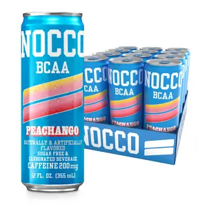 NOCCO BCAA Energy Drink PEACHANGO - 12 Fl Oz (Pack of 12) - 200mg of Caffeine, Sugar Free Energy Drinks - Carbonated & Low Calorie, BCAAs, Vitamin B6, B12, & Biotin - Grab & Go Performance Drink
