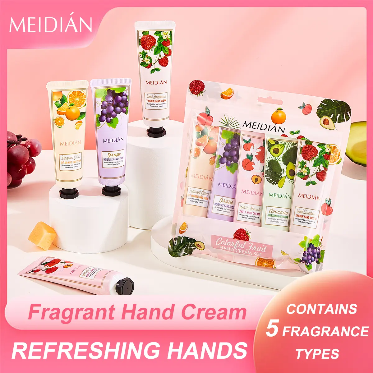 Sadoer Women's 5-Pack Travel Size Scented Moisturizing Hand Cream Gift Set, Hydrating Fruity-Woody Shea Lotion for Dry Cracked Hands, All Skin Types Daily Use (Avocado, Grape, Strawberry, White Peach, Citrus) - Bridesmaid, Wedding, Baby Shower Gift, Chris