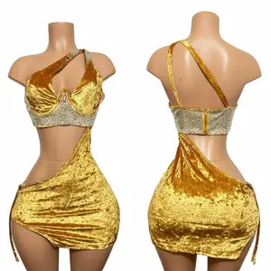 Celtic Gold Velvet Dress with Side Tie, Rhinestone Details,