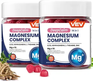 2 Pack 14 in 1 Magnium Complex Gummies with Ashwagandha L-Theanine Zinc Vitamin D3, 0 Added Sugar Vegan Chewable Mineral Gummy Supplement, 90 Count Per Bottle