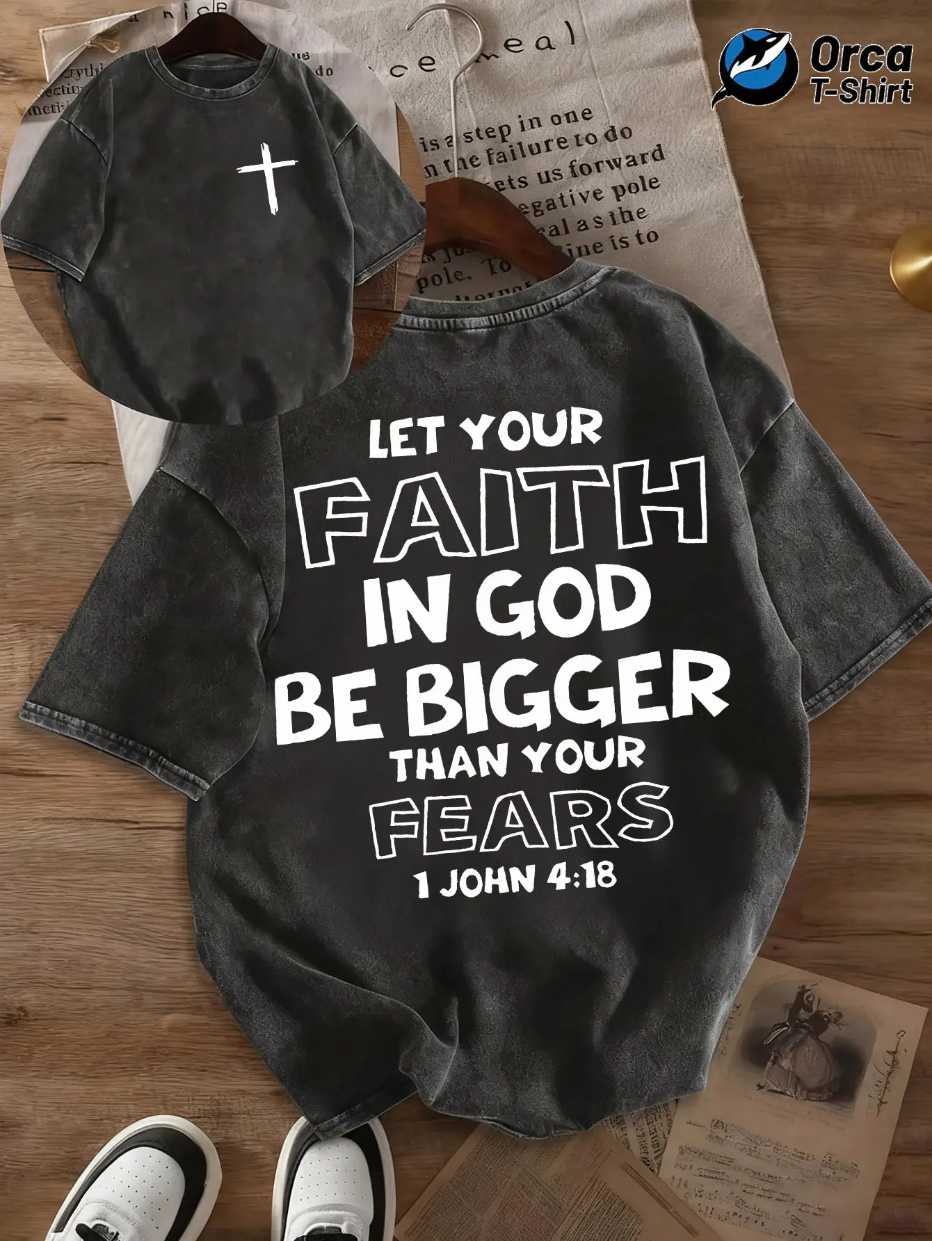 Women's Christian Faith High-Cotton Oversized Casual Tee - 1 John 4:18 Verse, Medium Length, Reinforced Seams, Soft Washed Double-Sided Religious Inspirational Shirt, Casual Church Wear Gift, Hand Wash Safe