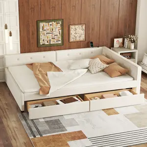 Full Size Daybed with Storage Drawers, Upholstered Corner Bed Frame Full with USB Charging, L Shaped Bed Frame with Solid Slats Support, Floor Day Bed for Teens Adults, Beige