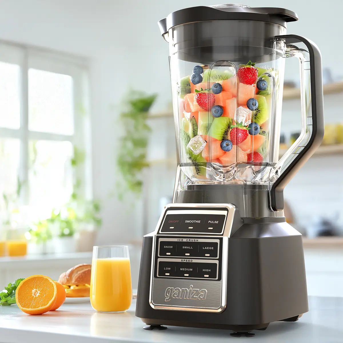 Ganiza Professional Smoothie Blender 1800 Peak Watts 8 Auto Programs for Frozen Fruits Ice 64oz Large Capacity Nutritious Recipe Whole Vertical Juicer Orange Juice Machine