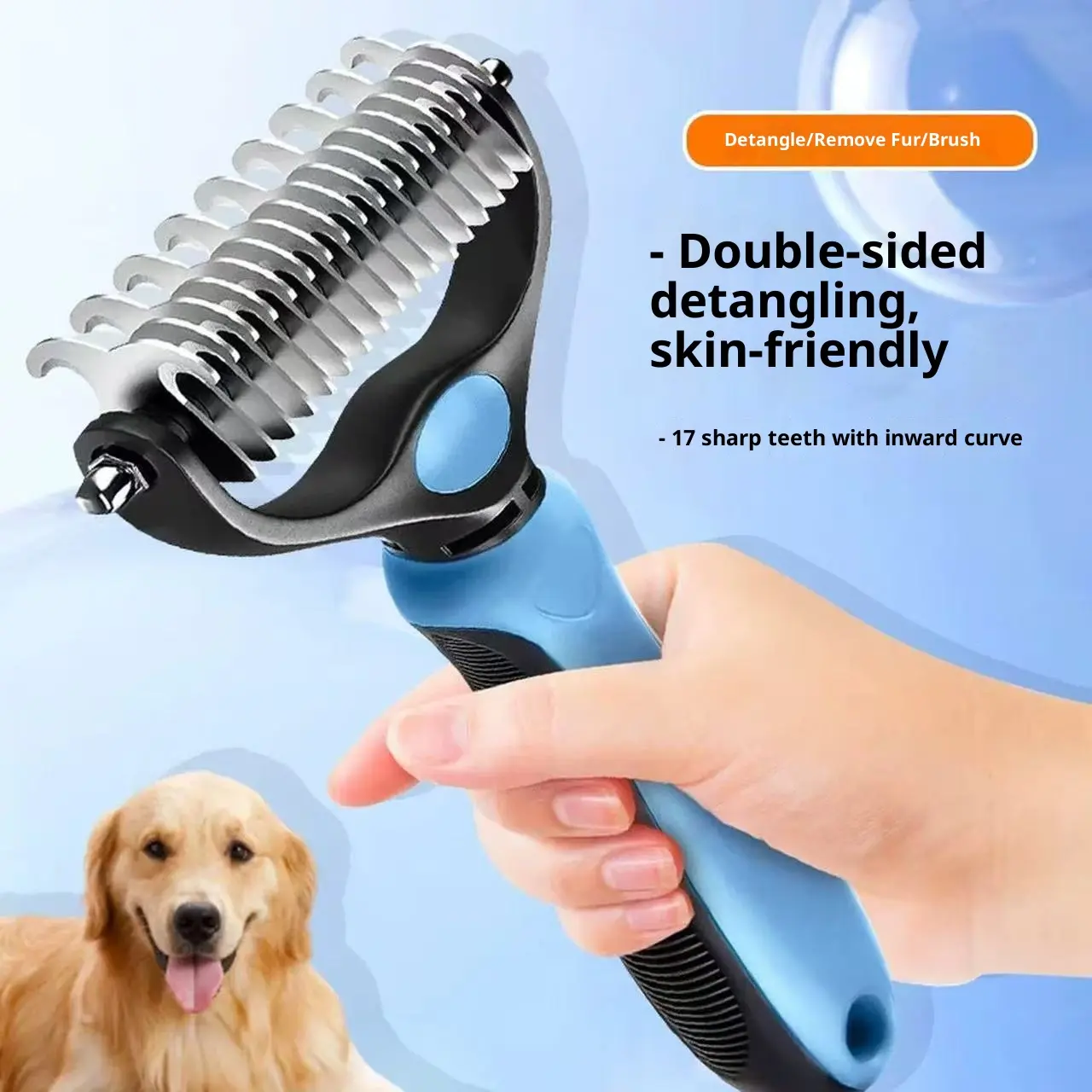 Double-Sided Dematting Grooming Rake for Long-Haired Dogs with Double-Side Blades - Stainless Steel Rounded Teeth, Detangling Fur, Gentle Mat Release, Pain-Free Use, Loose Coat Removal, Comfortable Grip, Fits Medium & Long Coats, 17×10×3 Cm