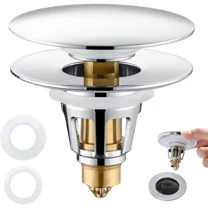 Universal 2-in-1 Bathroom Sink Stopper - Chrome Pop Up Sink Drain Stopper, Push Button Sink Drain Stopper Replacement, Wash Basin Drain Filter Plug with Anti-Clogging Strainer, (Large Cover Cap)