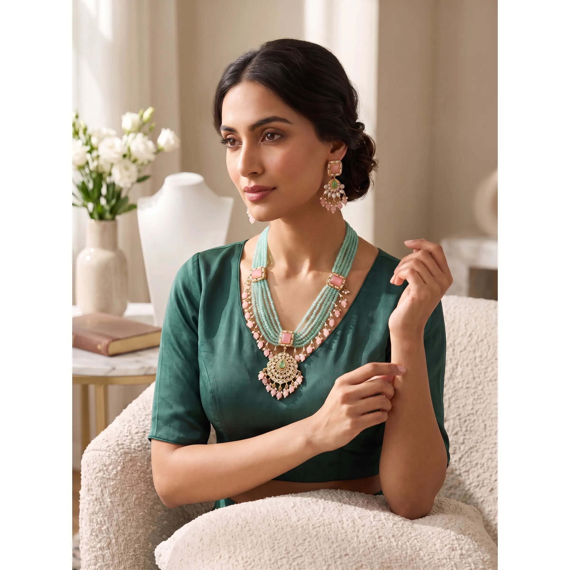 Mint Green & Pink Beaded Kundan Necklace and Earrings Set.   074