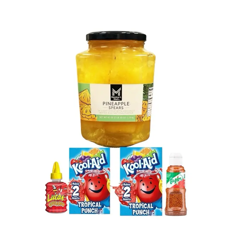 Viral Kool-Aid Tropical Punch Flavored Pineapple Spears with Lucas Chamoy and Mini Tajin Bottle, Packaged Cupboard Snacks, Trending Food Snack, Packaged Foods, Tangy