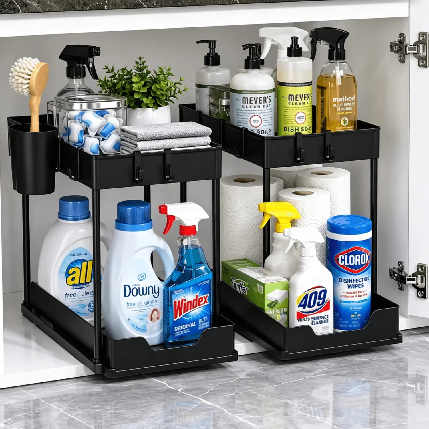 1/2 Pack 2-Tier Under Sink Organizer with Pull-Out Drawer, Black Cabinet Storage Rack with Side Holder and Hooks, Quick Assembly Countertop Shelf for Bathroom, Kitchen, Pantry, Laundry, Apartment and Dorm, for Cleaning Supplies, Toiletries and Spices