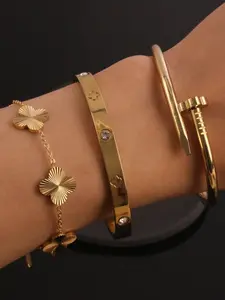 Women's Stainless Steel & Titanium Stackable Bracelets Set, Cute Four-Leaf Clover Design, Durable Non-Fading Jewelry Accessories