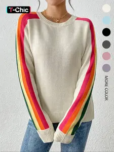 Women's Colorblock Striped Graphic Sweater, Casual Long Sleeve Jumper for Spring & Fall, Fashion Women's Knitwear for Daily Wear, Soft Tops