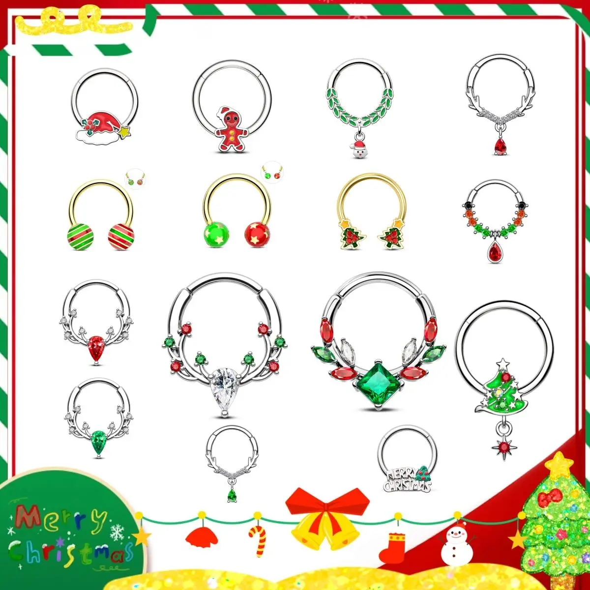 OUFER 16G 316L Stainless Steel Adjustable Hinged Segment Septum Jewelry - 10mm Inner Diameter, Body-Safe, Non-Tarnish AAA+ Rhinestone Unisex Christmas Antler Shape Festival Accessories for Helix, Fake Piercing, Deer, Cubic Zirconia, Rhinestones