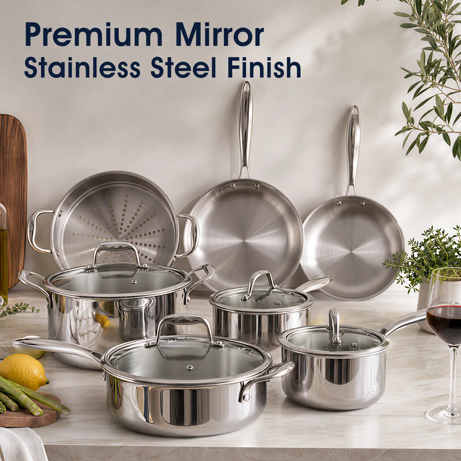 USELUCK 11-Piece Stainless Steel Classic Chef's Stovetop Cookware Set - Aluminum Core for Even Heat, Cool Grip Handles, Induction-Electric-Gas Compatible, Dishwasher Safe Cookware Sets, Mirror Polished, All-Season