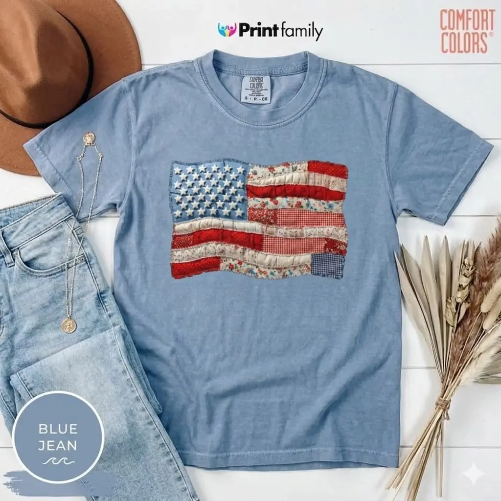 Women's Cotton Short-Sleeve Faux Patchwork-Print Comfort Colors American Flag T-Shirt, Vintage Faux Quilted USA Graphic Tee, 250th Patriotic 4th Of July Casual Streetwear Everyday Shirt - Printfamily