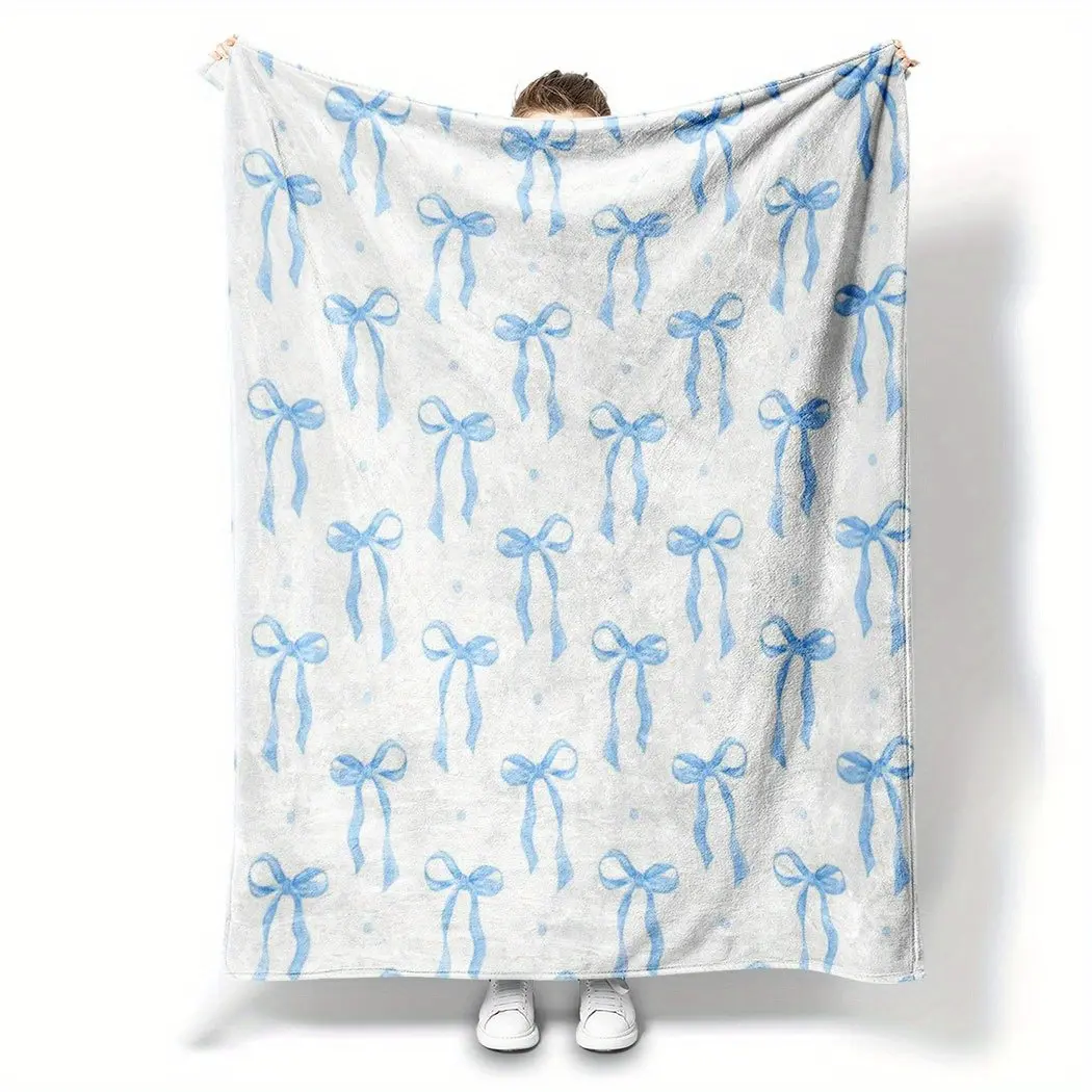 Flannel Throw Blanket, Watercolor Blue Preppy Bow Print, Coquette Soft Cozy Plush Warm Fuzzy, Bedroom & Sofa Use, Perfect Gift for Women, Home Decor Blankets, Throw Blankets