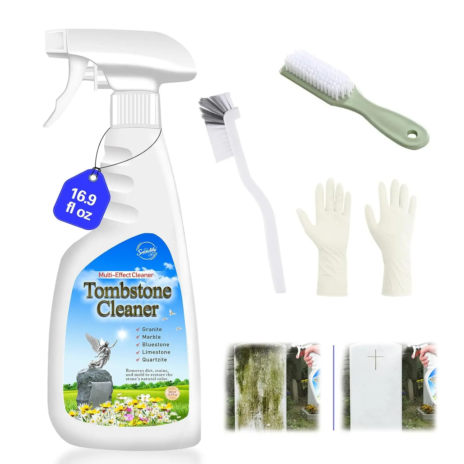SnowLily 16.9oz (500ml) Headstone Cleaner - Granite & Quartz Tile Slate Moss & Stain Remover, Stone Renewer with 4-Piece Tool Kit, Home Care Essential for Graves & Household Specialty Deep Cleaning