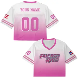 Puerto Rico Football Jersey Crop Top – Personalized Name & Number, Light Pink White Button Up with Flag Patch