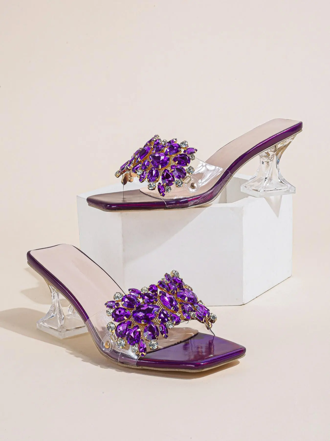 Women's Artificial Crystal Decorated High Heel Sandals, Elegant Heeled Sandals, Summer 2025 Slip on Dressy Sandals for Party, Sparkly Party Shoes, Comfort Walking Shoes, Minimalist Sandals, Glitter Sandal, Fashionable Sandals, Chic Summer Footwear