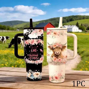 40oz Highland Cow Straw Tumbler, Just A Girl Who Loves Cows Design, Floral Cow Aesthetic Cup, Farm Girl Country Style, Vacuum Insulated Tumbler with Handle, Leak Proof Lid, Hot Cold Drinks All Day, Cute Cow Lover Gift, Insulated Travel Drinkware