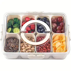 Divided Serving Tray with Lid and Handle,8 Compartments Snacks Box with lid,Portable Storage Organizer,Snack Fruit Tray,Veggie Tray,Charcuterie Container,Portable Platter for Candy Fruits Nuts Snack Party Entertaining Picnic 1/2pcs white transparent
