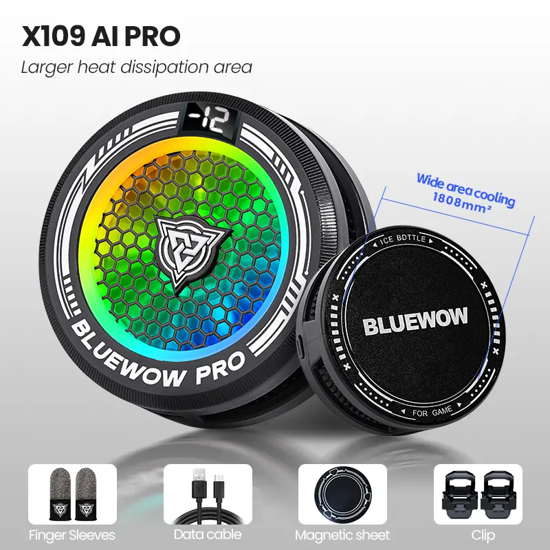 BlueWow Magnetic Cellphone Cooler - USB Port Cooling Fan with Smart Temp Control, RGB Light, Adjustable Clip, Low Noise, MagSafe Protection, Compatible with iPhone 15/16 Pro Max, Universal Android Devices & iPad (Included Cable)