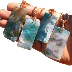 Big Moss Agate Healing Necklace - Copper Wire Wrapped Boho Crystal Gift for Her or Him